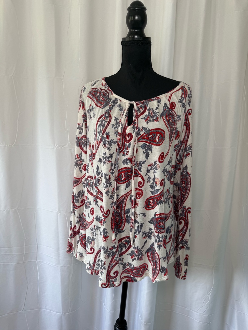 Lucky Brand Ivory Cream Red Paisley Peasant Top Tie Keyhole Long Sleeve Plus 2X
